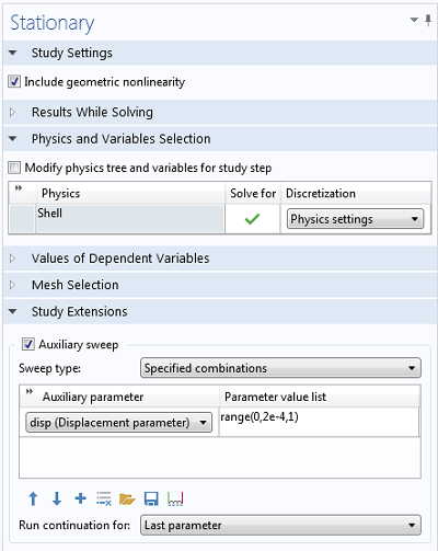 Stationary solver settings window